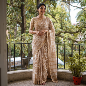 Brown Hand Block Print Natural Dyed Chanderi Silk Akola Saree, draped and worn by a woman, AI visual of the saree, iTokri