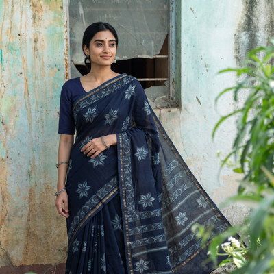 Blue Hand Block Print Natural Dyed Chanderi Silk Akola Saree, draped and worn by a woman, AI visual of the saree, iTokri