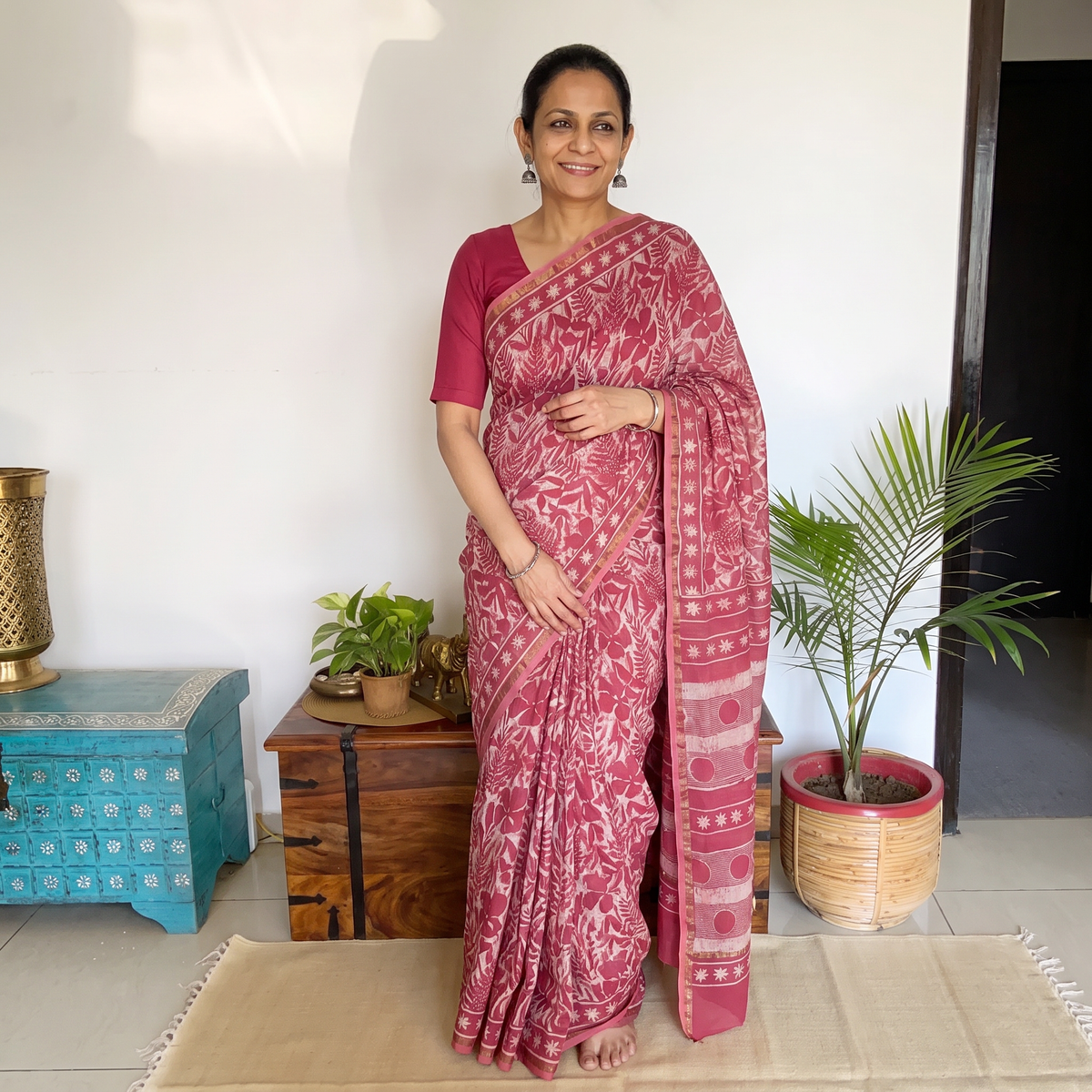 Pink Hand Block Print Natural Dyed Chanderi Silk Akola Saree, draped and worn by a woman, AI visual of the saree, iTokri