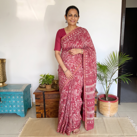 Pink Hand Block Print Natural Dyed Chanderi Silk Akola Saree, draped and worn by a woman, AI visual of the saree, iTokri