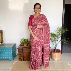 Pink Hand Block Print Natural Dyed Chanderi Silk Akola Saree, draped and worn by a woman, AI visual of the saree, iTokri