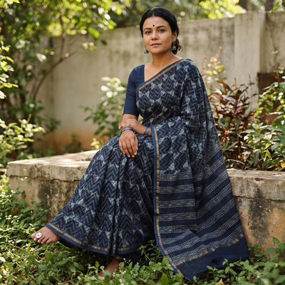 Blue Hand Block Print Natural Dyed Chanderi Silk Akola Saree, draped and worn by a woman, AI visual of the saree, iTokri