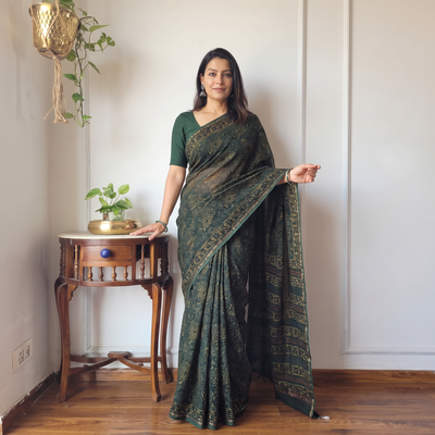 Green Hand Block Print Natural Dyed Chanderi Silk Akola Saree, draped and worn by a woman, AI visual of the saree, iTokri