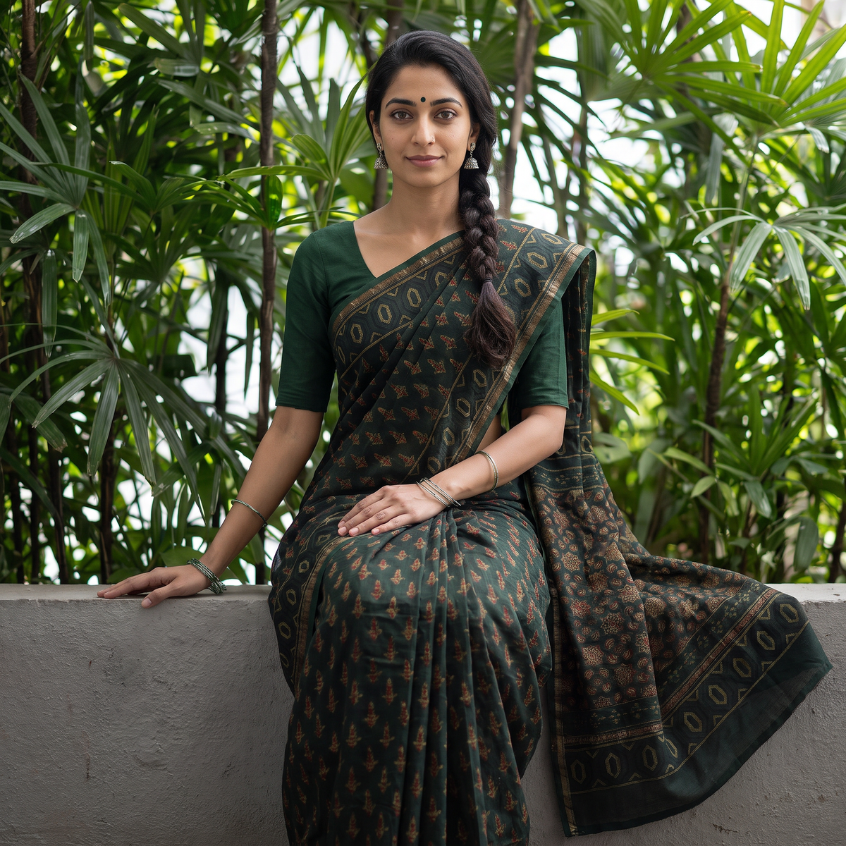 Green Hand Block Print Natural Dyed Chanderi Silk Akola Saree, draped and worn by a woman, AI visual of the saree, iTokri