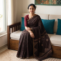 Brown Hand Block Print Natural Dyed Chanderi Silk Akola Saree, draped and worn by a woman, AI visual of the saree, iTokri