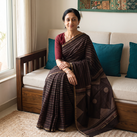 Brown Hand Block Print Natural Dyed Chanderi Silk Akola Saree, draped and worn by a woman, AI visual of the saree, iTokri