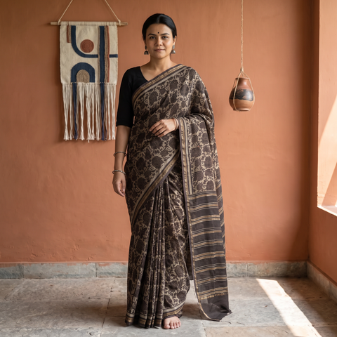Brown Hand Block Print Natural Dyed Chanderi Silk Akola Saree, draped and worn by a woman, AI visual of the saree, iTokri