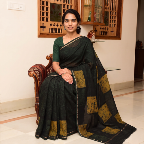 Green Hand Block Print Natural Dyed Chanderi Silk Akola Saree, draped and worn by a woman, AI visual of the saree, iTokri