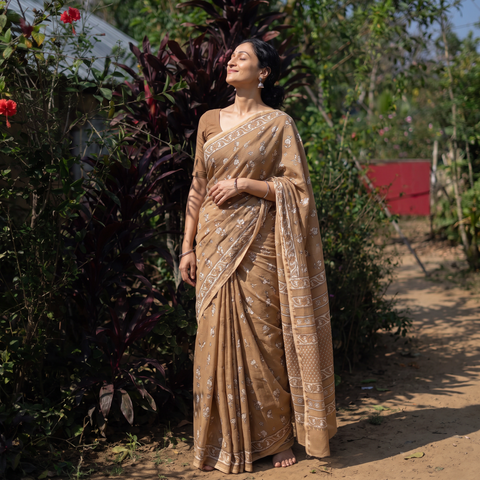 Brown Hand Block Print Natural Dyed Chanderi Silk Akola Saree, draped and worn by a woman, AI visual of the saree, iTokri