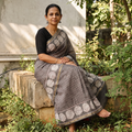 Grey Hand Block Print Natural Dyed Chanderi Silk Akola Saree, draped and worn by a woman, AI visual of the saree, iTokri