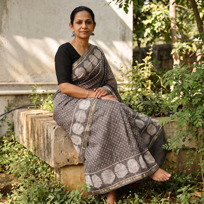 Grey Hand Block Print Natural Dyed Chanderi Silk Akola Saree, draped and worn by a woman, AI visual of the saree, iTokri