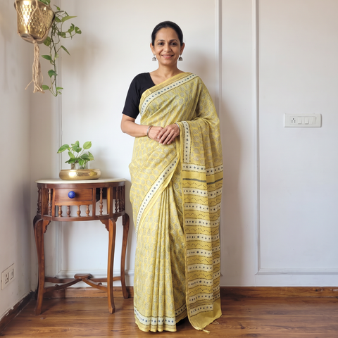Yellow Hand Block Print Natural Dyed Chanderi Silk Akola Saree, draped and worn by a woman, AI visual of the saree, iTokri