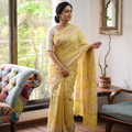Yellow Hand Block Print Natural Dyed Chanderi Silk Akola Saree, draped and worn by a woman, AI visual of the saree, iTokri