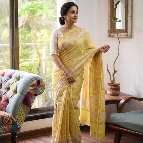 Yellow Hand Block Print Natural Dyed Chanderi Silk Akola Saree, draped and worn by a woman, AI visual of the saree, iTokri