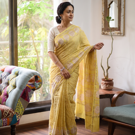 Yellow Hand Block Print Natural Dyed Chanderi Silk Akola Saree, draped and worn by a woman, AI visual of the saree, iTokri