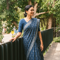 Blue Hand Block Print Natural Dyed Cotton Akola Saree, draped and worn by a woman, AI visual of the saree, iTokri