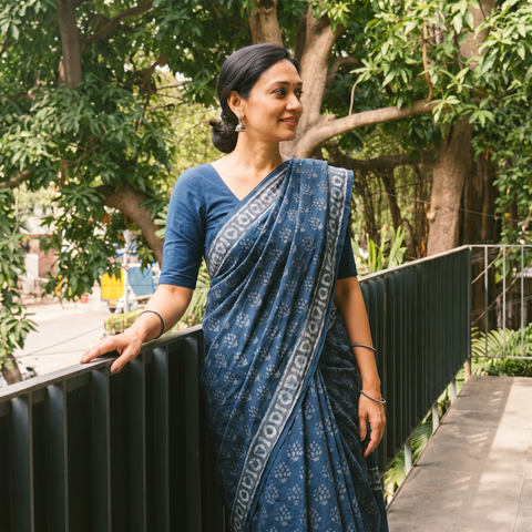 Blue Hand Block Print Natural Dyed Cotton Akola Saree, draped and worn by a woman, AI visual of the saree, iTokri