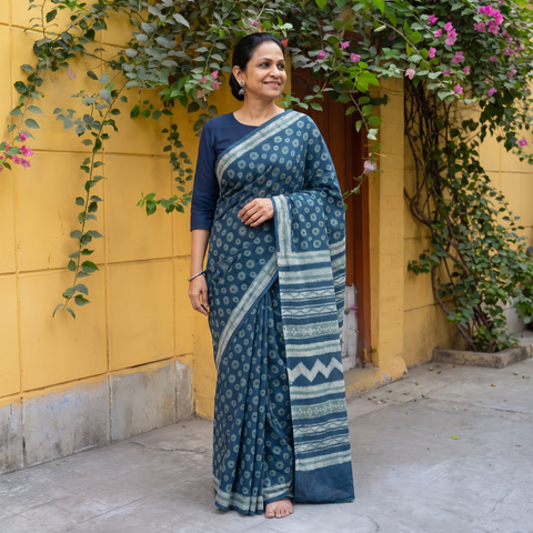 Blue Hand Block Print Natural Dyed Cotton Akola Saree, draped and worn by a woman, AI visual of the saree, iTokri