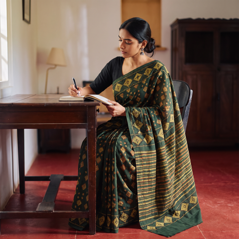 Green Hand Block Print Natural Dyed Cotton Akola Saree, draped and worn by a woman, AI visual of the saree, iTokri