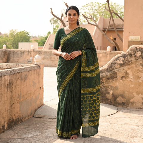 Green Hand Block Print Natural Dyed Cotton Akola Saree, draped and worn by a woman, AI visual of the saree, iTokri