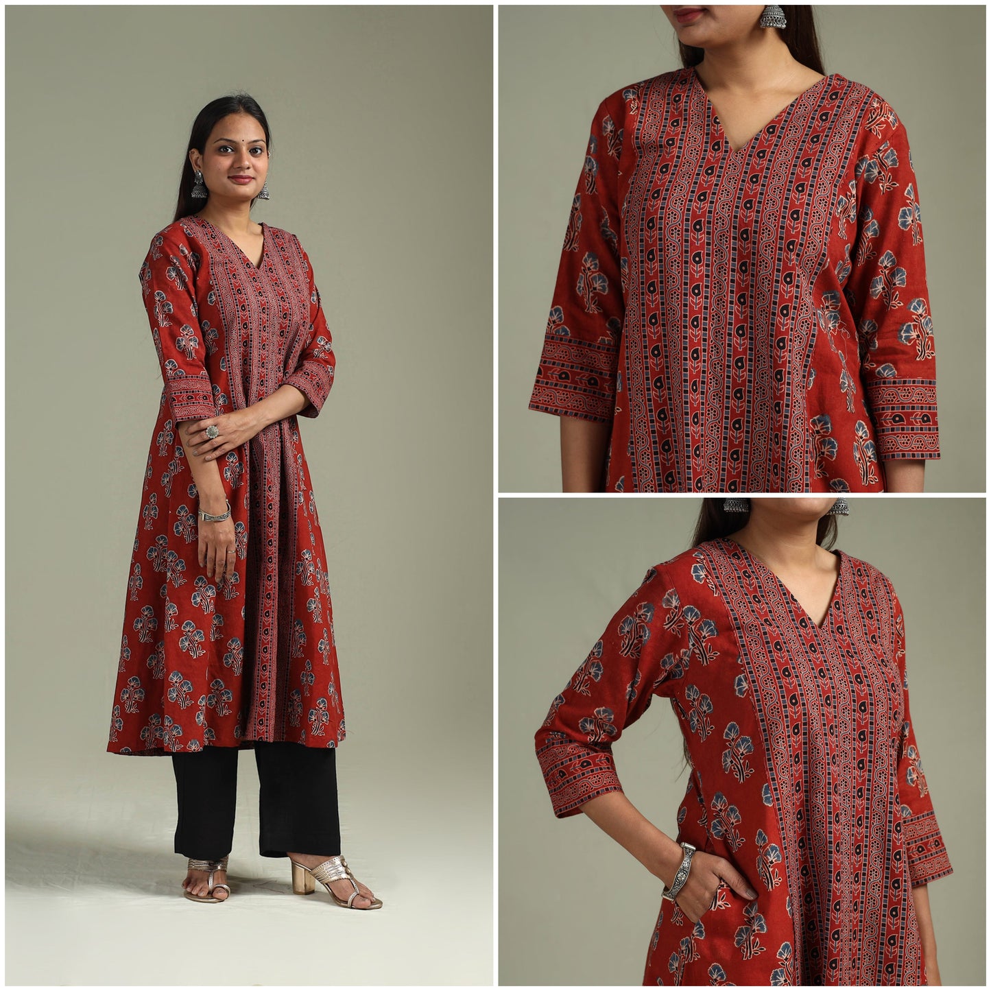 Hand block print natural dyed cotton a-line ajrakh kurta