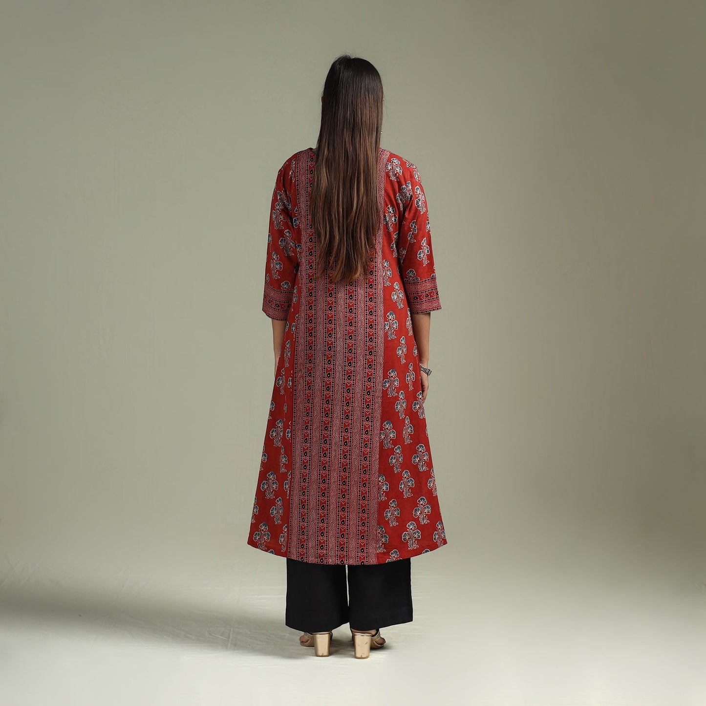 Hand block print natural dyed cotton a-line ajrakh kurta