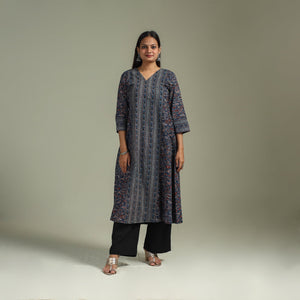 Hand block print natural dyed cotton a-line ajrakh kurta
