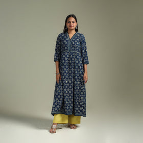 Hand block print natural dyed cotton a-line ajrakh kurta