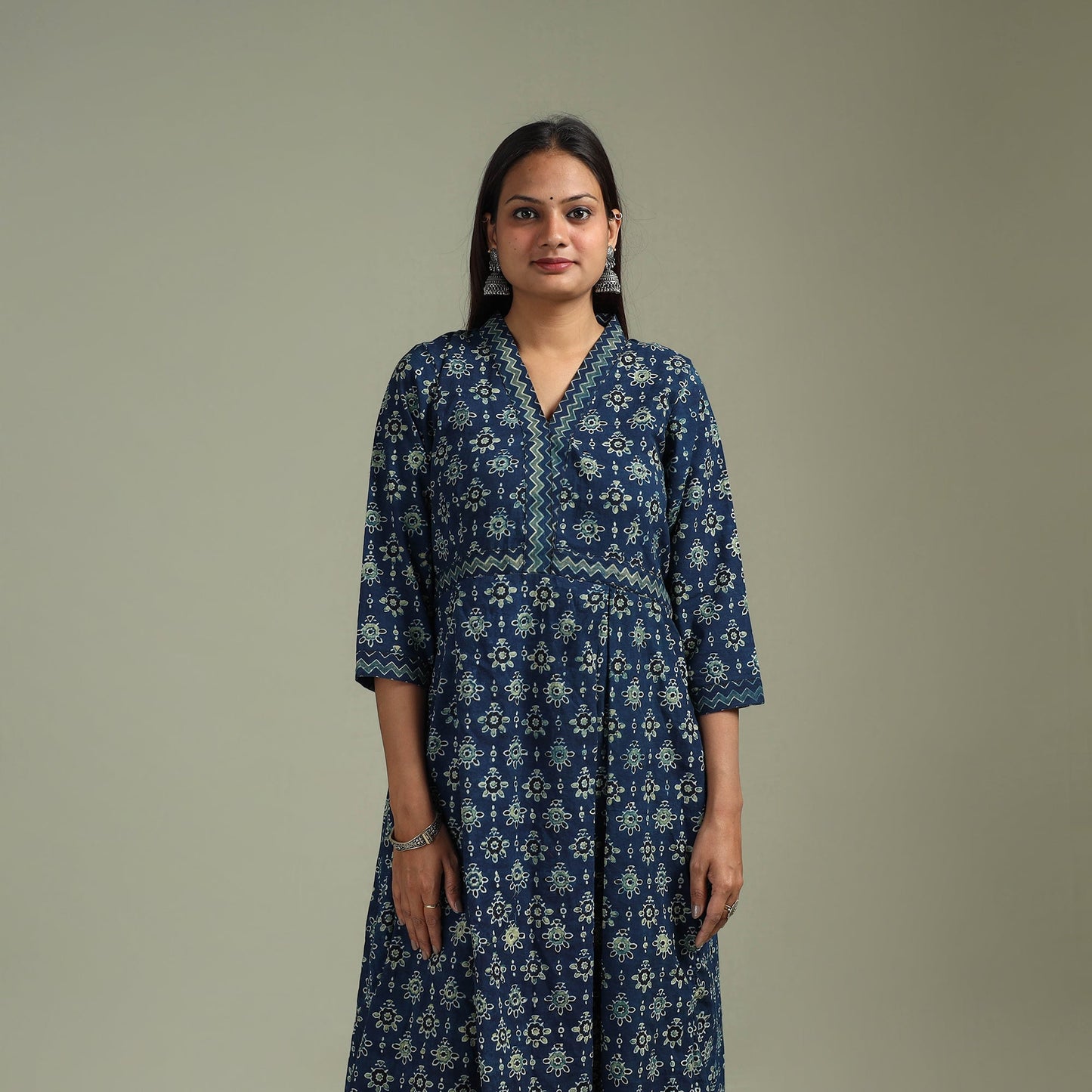 Hand block print natural dyed cotton a-line ajrakh kurta