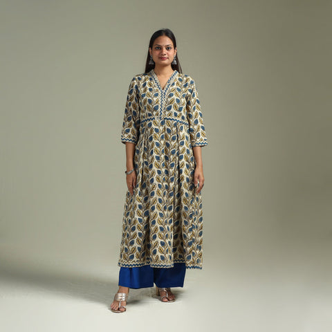 Hand block print natural dyed cotton a-line ajrakh kurta