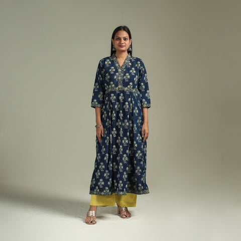 Hand block print natural dyed cotton a-line ajrakh kurta