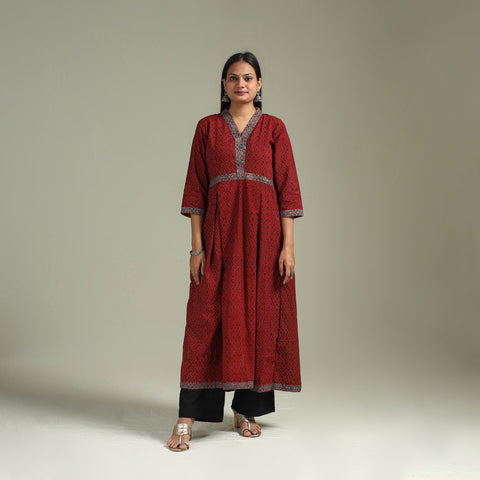 Hand block print natural dyed cotton a-line ajrakh kurta