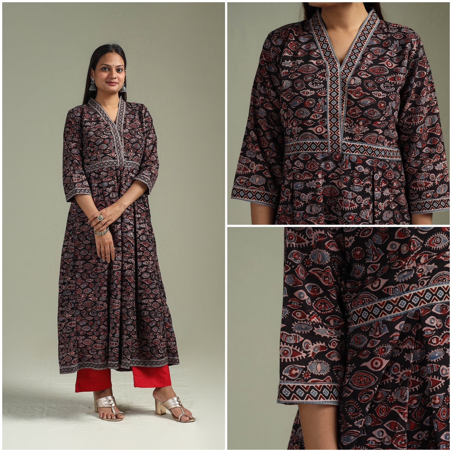 Hand block print natural dyed cotton a-line ajrakh kurta