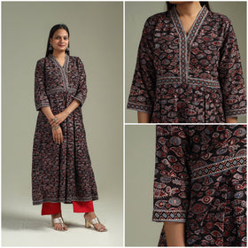 Hand block print natural dyed cotton a-line ajrakh kurta
