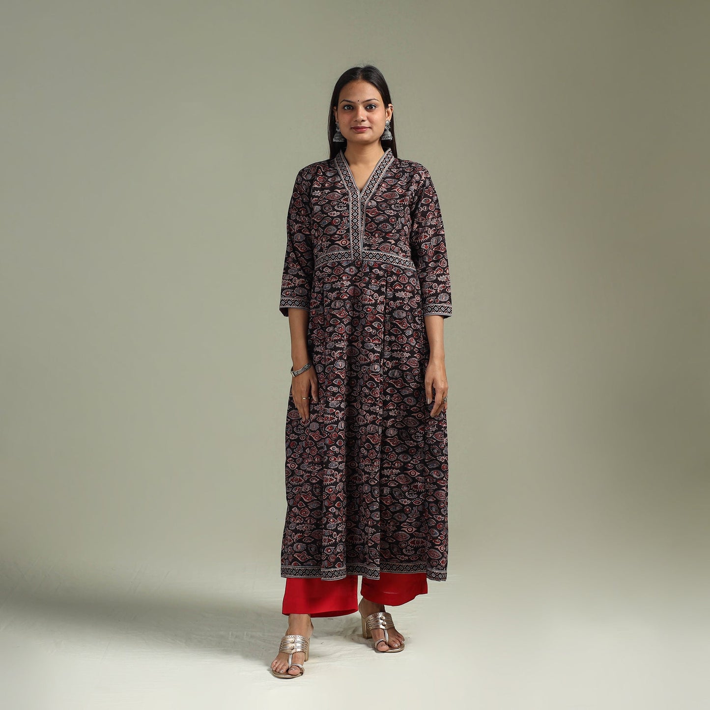 Hand block print natural dyed cotton a-line ajrakh kurta