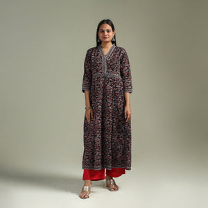Hand block print natural dyed cotton a-line ajrakh kurta