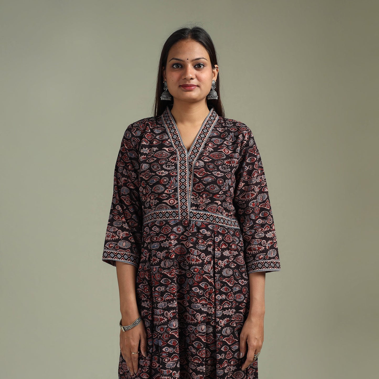 Hand block print natural dyed cotton a-line ajrakh kurta