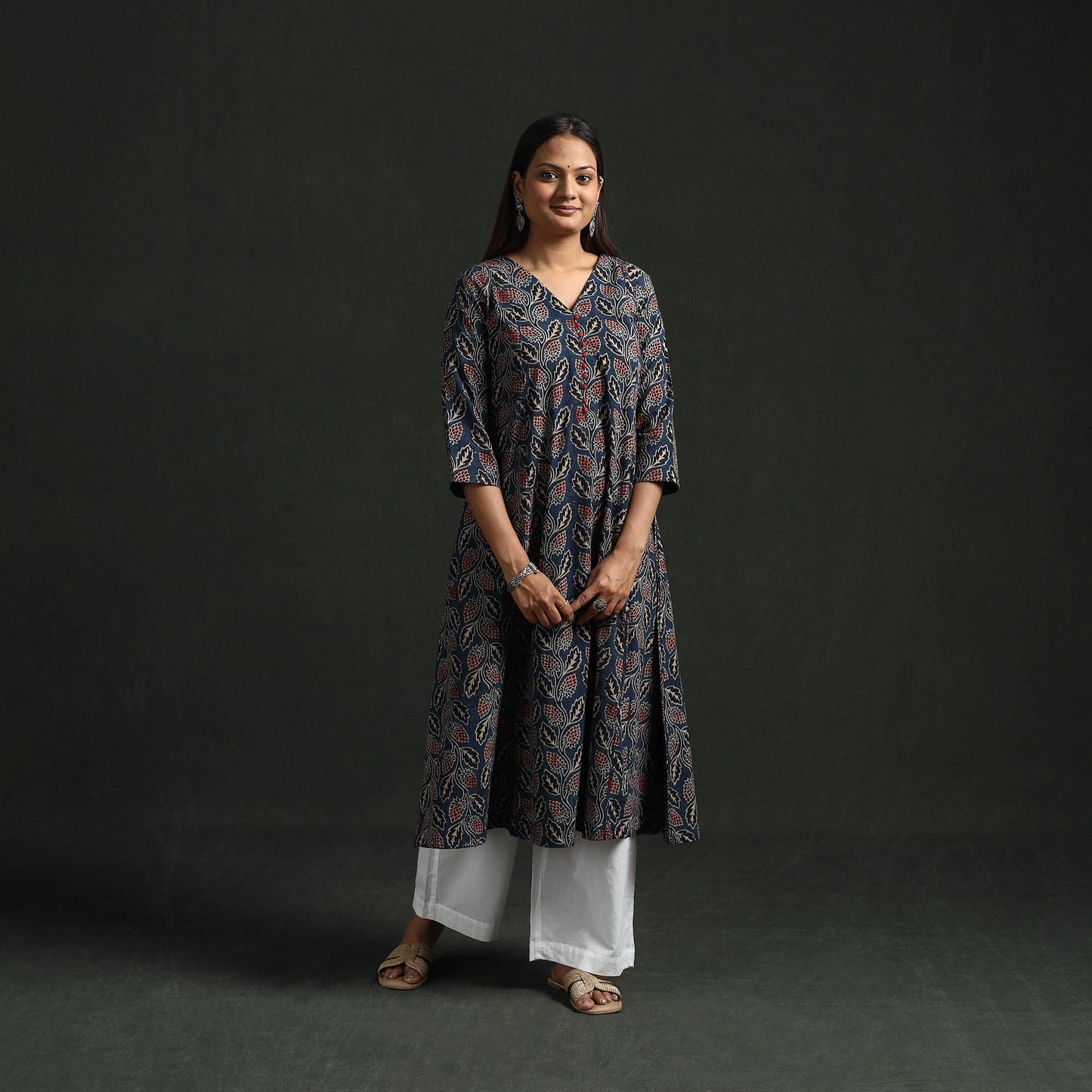 Hand block print natural dyed cotton a-line ajrakh kurta