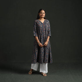 Hand block print natural dyed cotton a-line ajrakh kurta