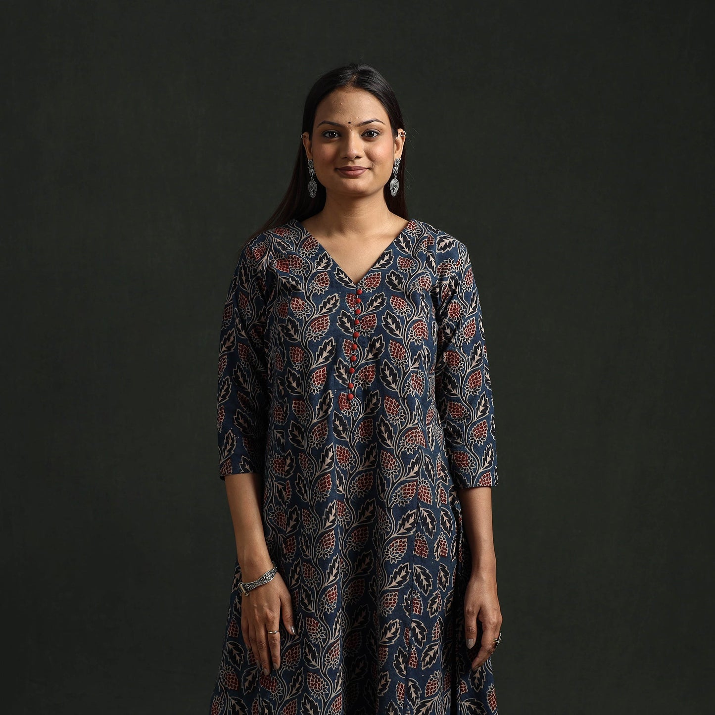 Hand block print natural dyed cotton a-line ajrakh kurta