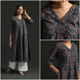 Hand block print natural dyed cotton a-line ajrakh kurta