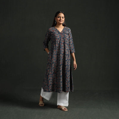 Hand block print natural dyed cotton a-line ajrakh kurta