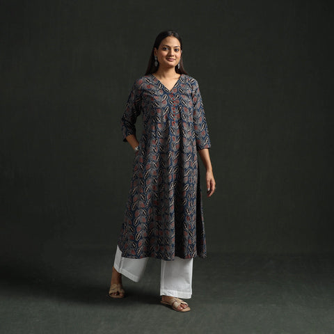 Hand block print natural dyed cotton a-line ajrakh kurta
