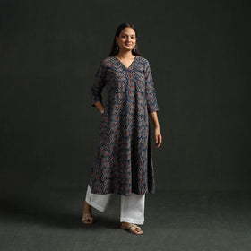 Hand block print natural dyed cotton a-line ajrakh kurta