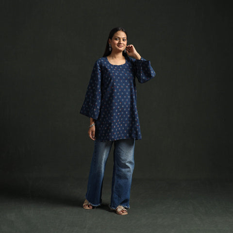 Hand block print natural dyed cotton short ajrakh kurta