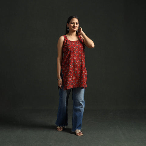 Hand block print natural dyed cotton short ajrakh kurta