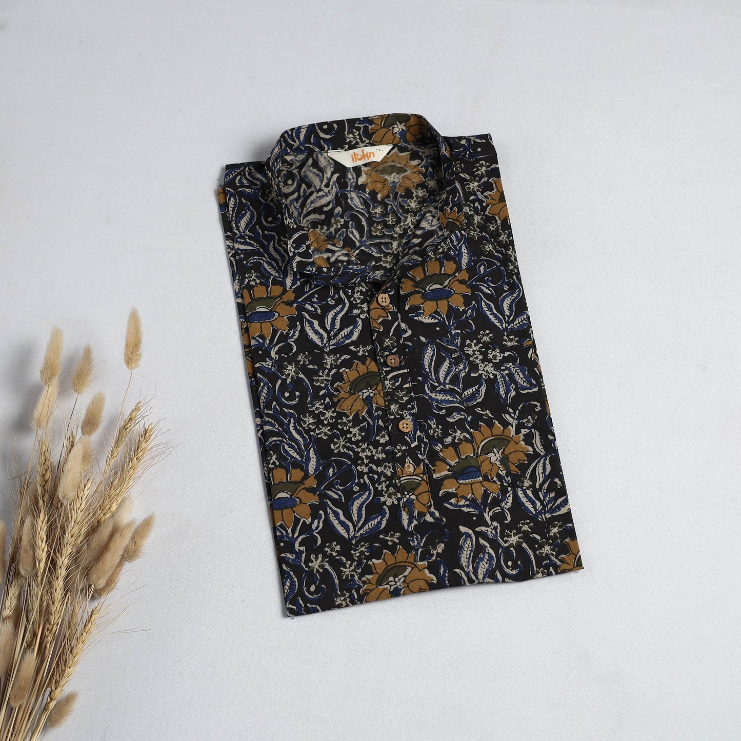 Hand block print natural dyed cotton short bagru kurta