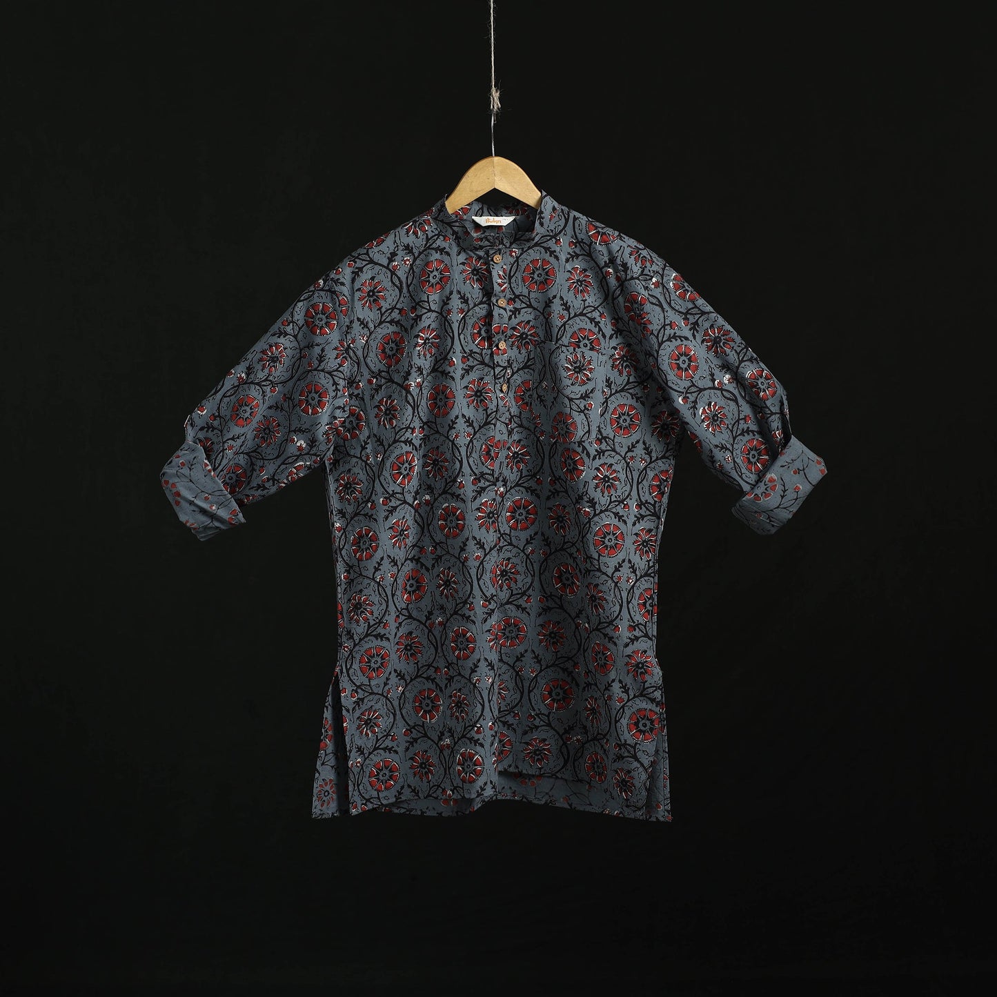 Hand block print natural dyed cotton short bagru kurta