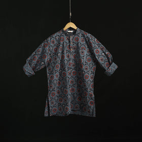 Hand block print natural dyed cotton short bagru kurta