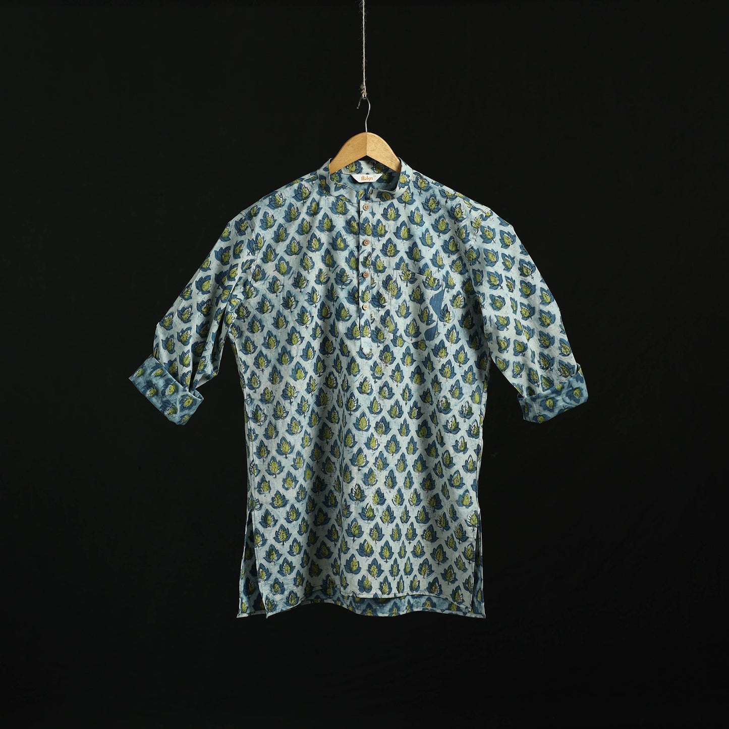 Hand block print natural dyed cotton short bagru kurta